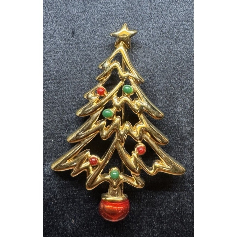 Vintage Gold Tone Christmas Tree Brooch Red Green Ornaments Star Top Holiday Pin